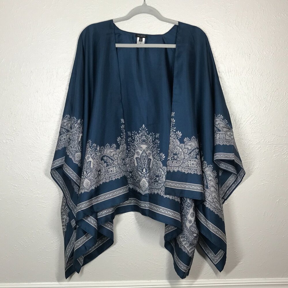 Talbots Blue and Cream 100% Silk  open front water fall Shrug